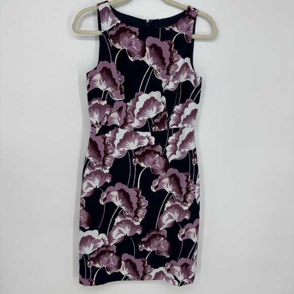 3/$25 Ann Taylor Floral Print‎ Mini Sheath Dress 2 Sleeveless Navy Blue Purple - Picture 1 of 10